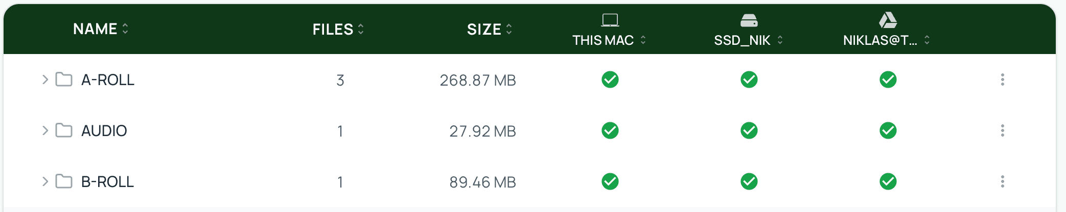 A row in the file table showing per-destination status badges