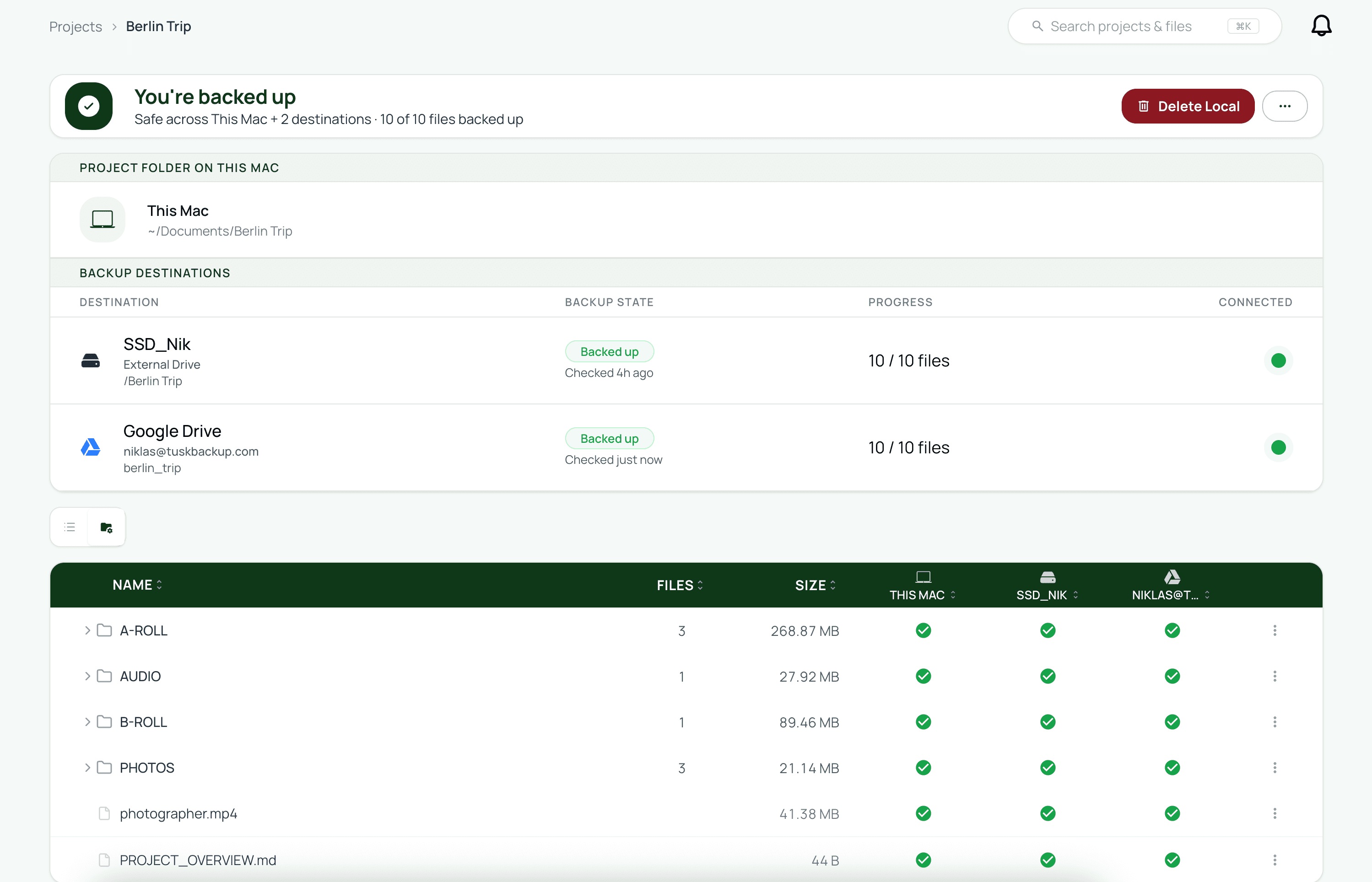 A Tusk project page with the file table showing per-destination backup status