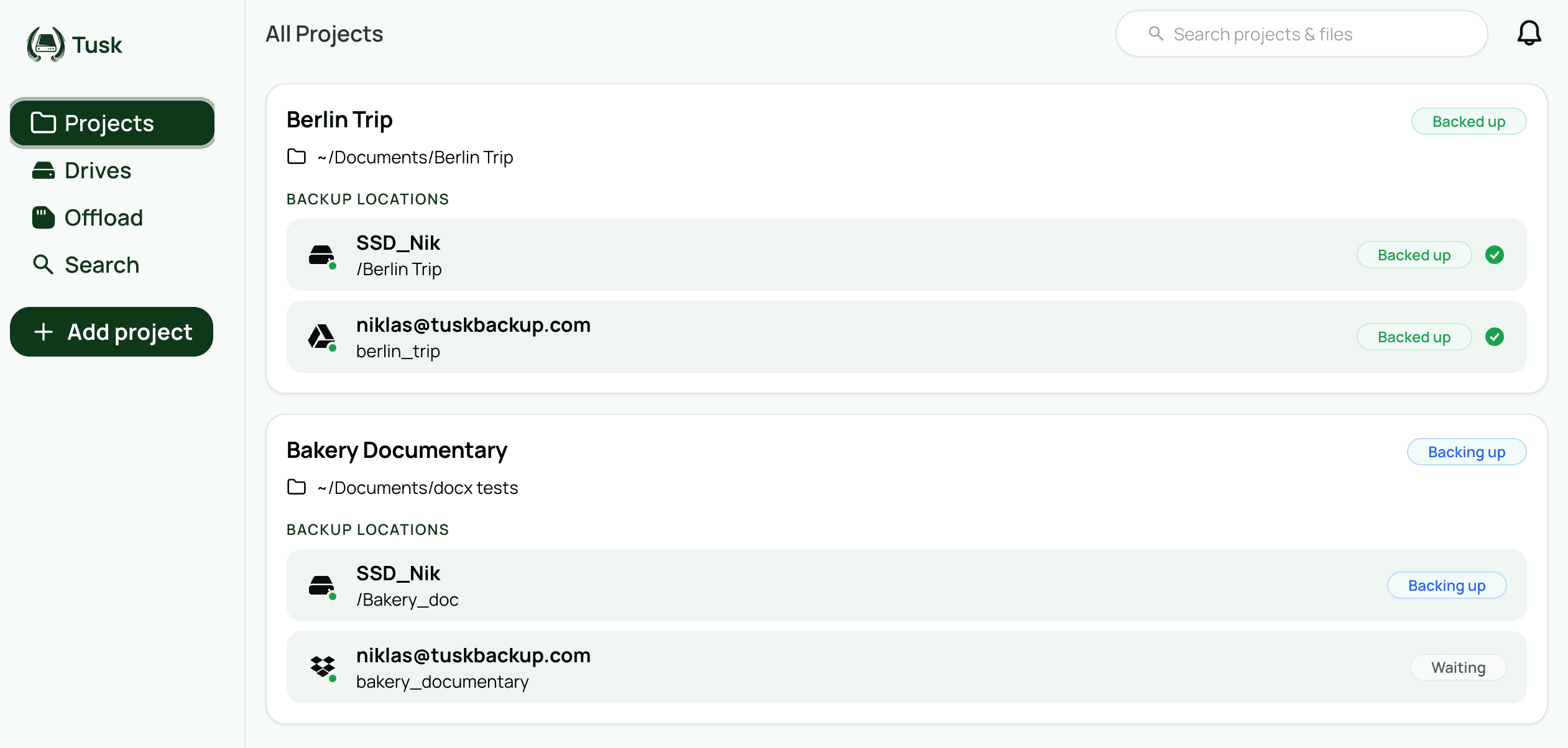 The main Tusk window with the projects overview