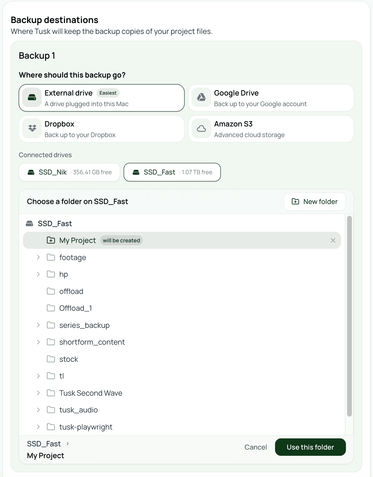 The external drive destination form filled in