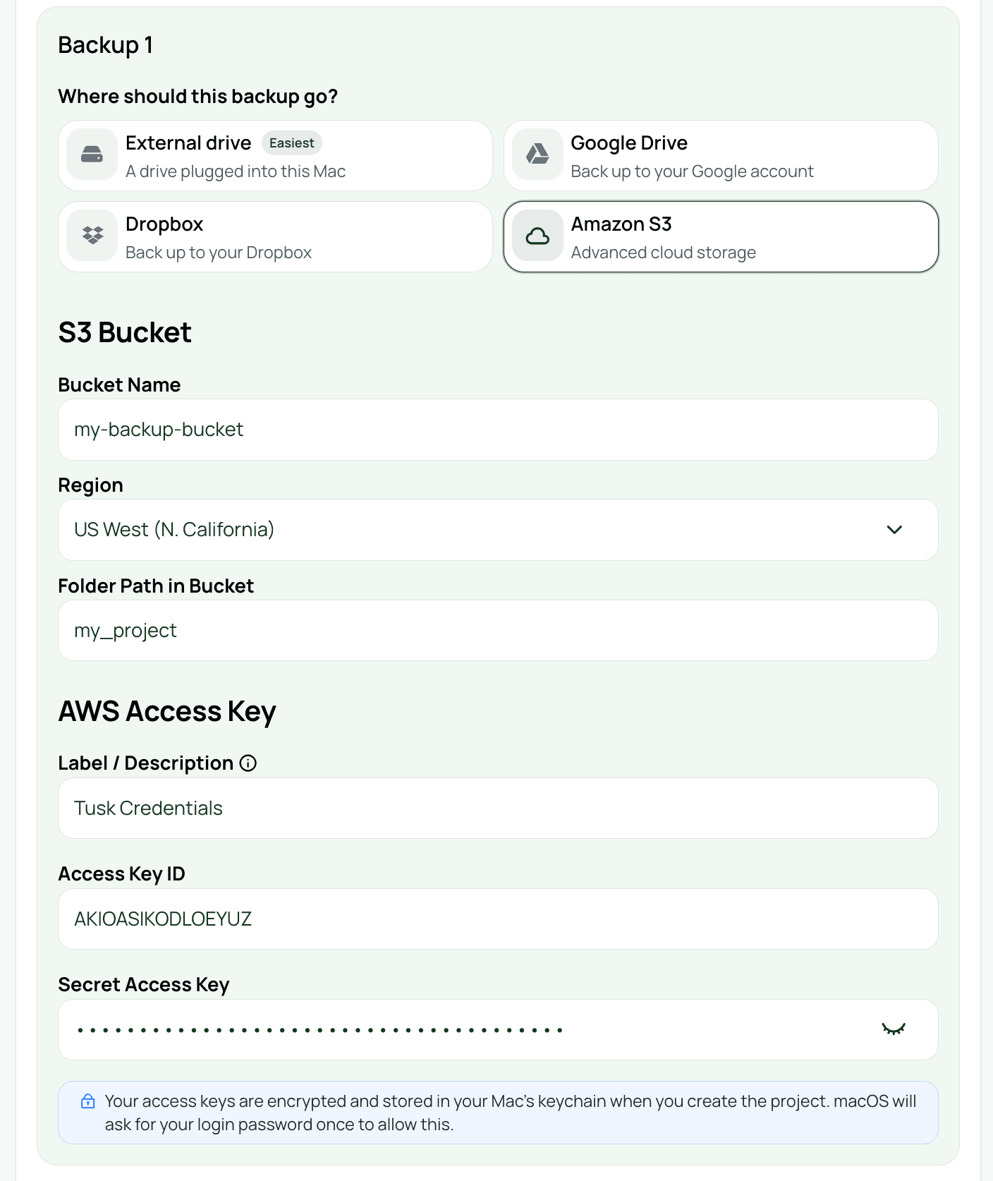 The S3 destination form with AWS endpoint and bucket filled in