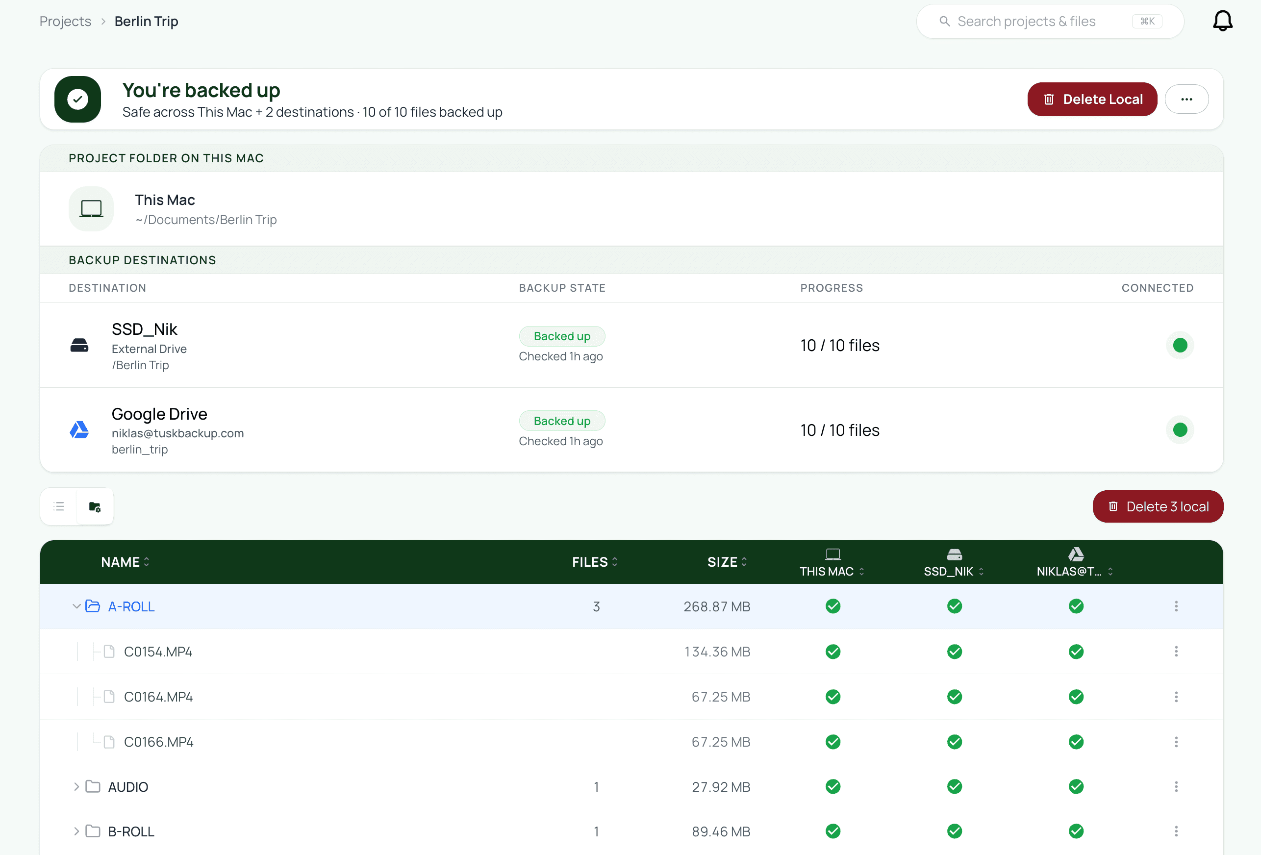 A project page in Tusk with the file table showing nested folders