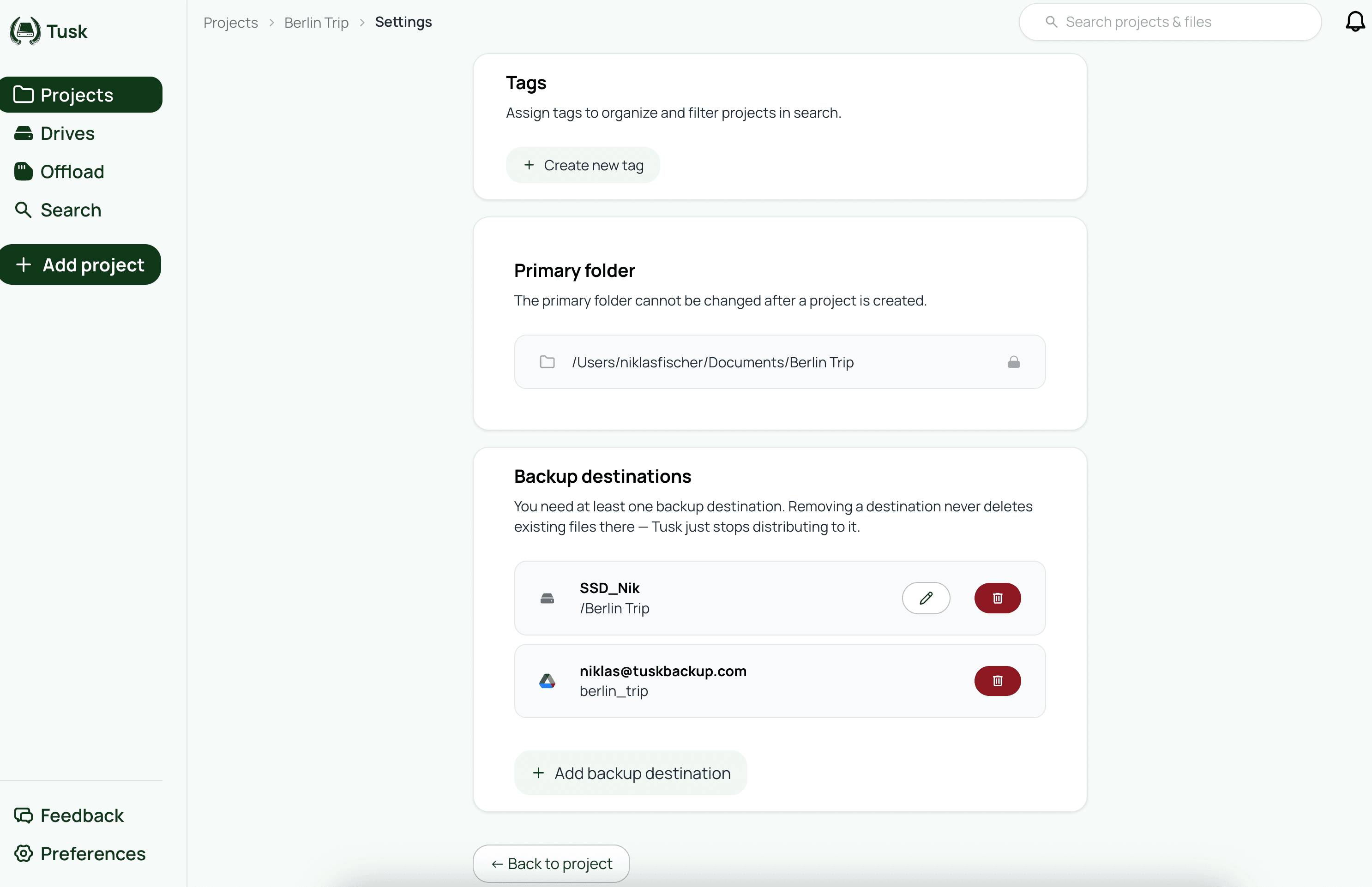 The Project Settings page in Tusk