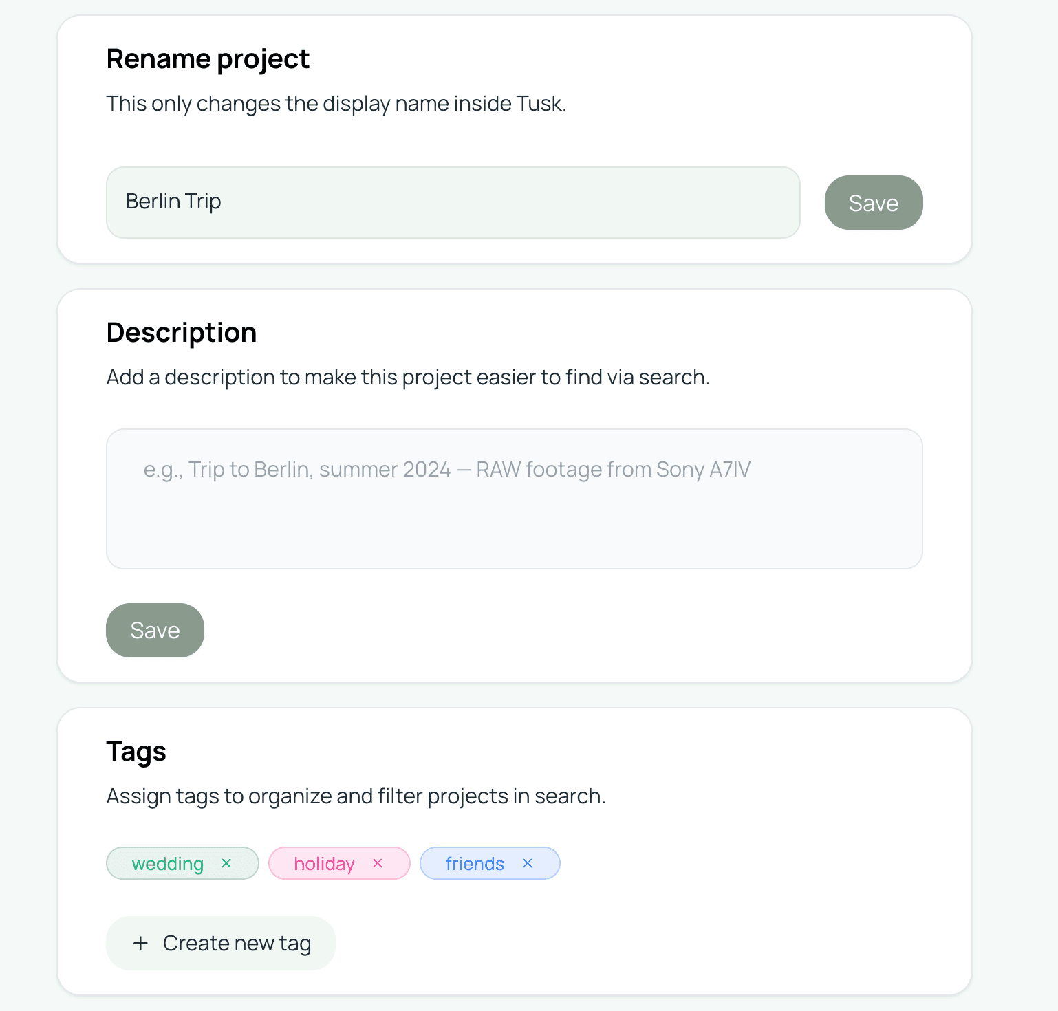 The tag picker in project settings with a few tags applied