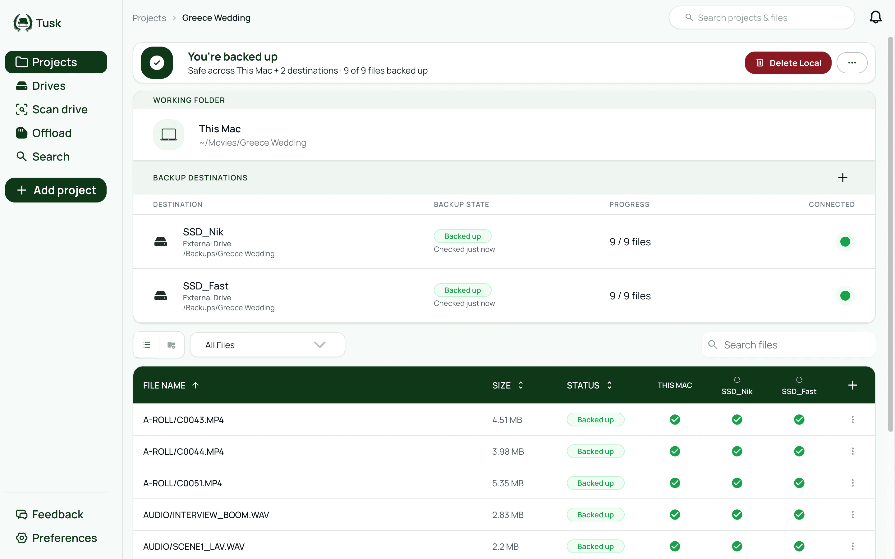 The Tusk app showing a wedding project: every file listed with its size, sync status, and a checkmark for each backup destination