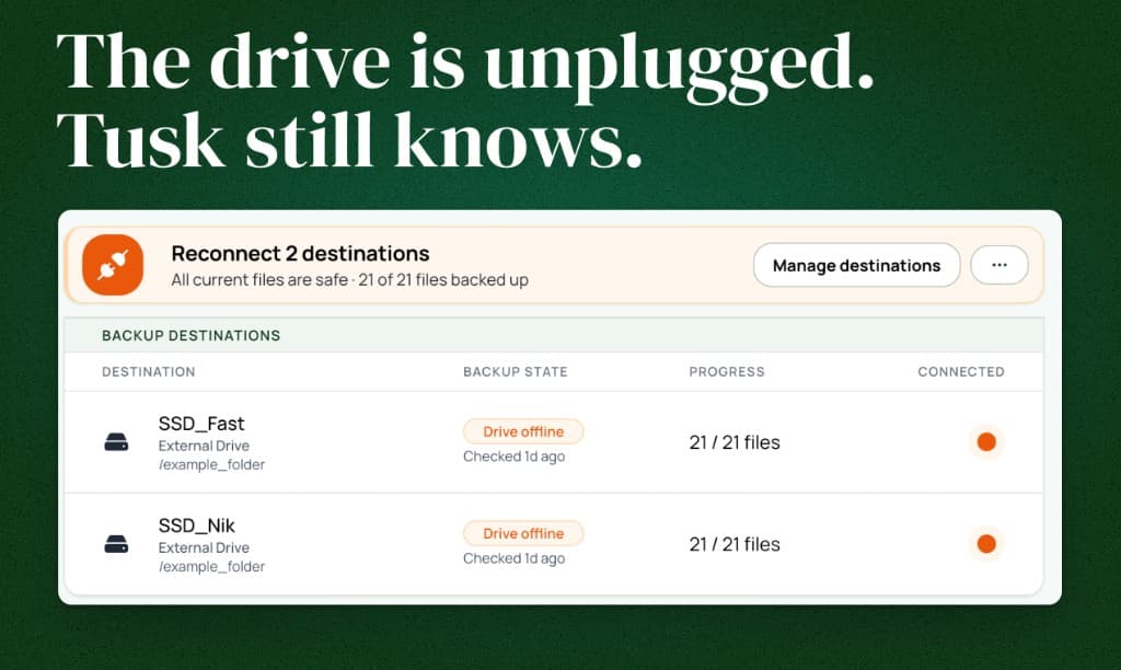 File tracking while backup drives are unplugged