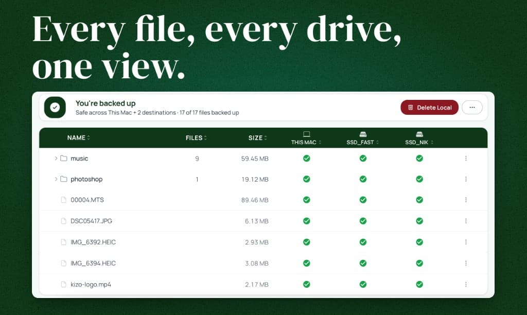 Per-file backup status across every destination